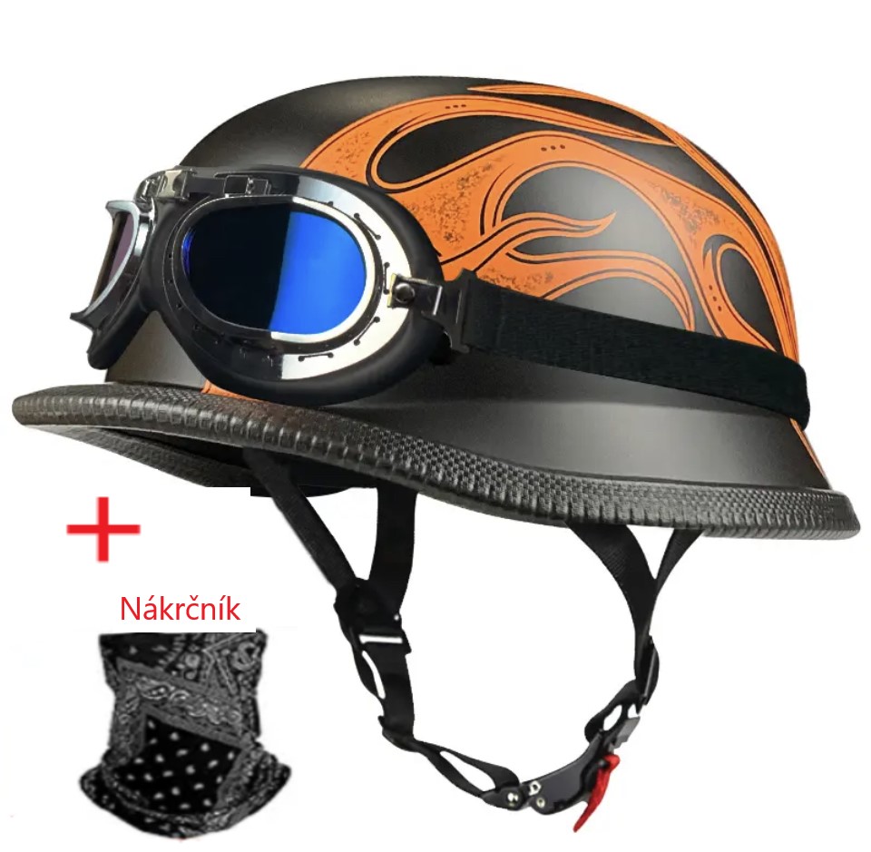 Moto helma retro s brýlemi černá s oranžovým plamenem