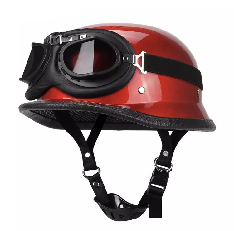 Moto helma německá červená s brýlemi